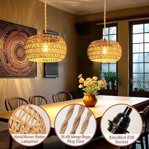 Hanging Lights with Plug in Cord Rattan Hanging Lamp Boho Ceiling Light Fixtures Farmhouse Pendant Lamp Shape for Living Room Bedroom Kitchen - Image 4
