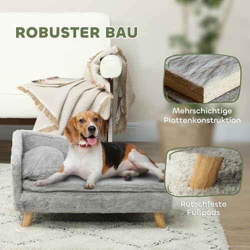PawHut Hundesofa für mittelgroße Hunde, Hundebett mit abnehmbarem und waschbarem Kissen, Haustiersofa mit Holzbeine, mit Erhöhtem Design, 15 kg, Hellgrau