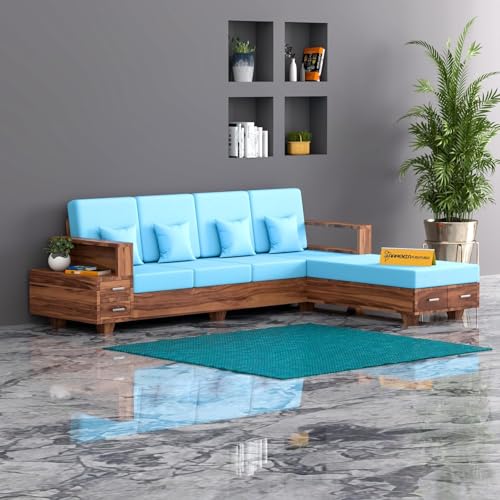 Image of Sheesham Wood 6 Seater L Shape Sofa Set with Storage Drawers and 40 Density Cushion | Solid Wooden Corner Sofa with Blue Fabric Upholstery for Living Room