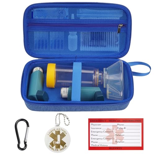 MGZNMTY Travel Carrying Case Compatible with Asthma Inhaler Spacer for Adults and Children Masks Inhaler Holder with Asthma Alert Tag and Medical Card Carabiner (Only Case) (Blue)