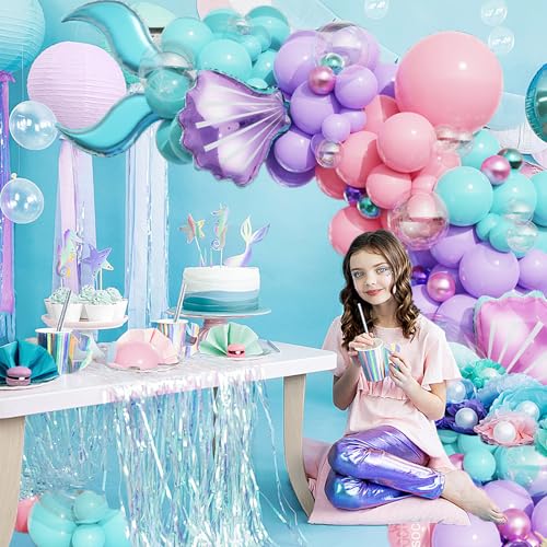 Image of Mermaid Balloon Garland Arch Kit,Under The Sea Ocean Party Decorations | Pastel Pink Purple Teal Blue Clear Balloons with Tail Seashell Foil Balloons for Summer Little Mermaid Birthday Party Decor