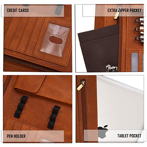 Leather Portfolio for Men and Women - Multi Pocket Zippered Padfolio Folder (Cognac Vintage)