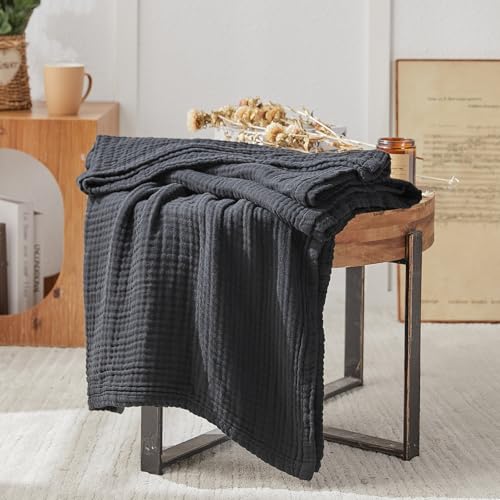 EMME Cotton Muslin Twin XL Blanket Breathable Gauze Blanket Soft Lightweight Blankets Adults Gifts for Women (Black, 66"x90")