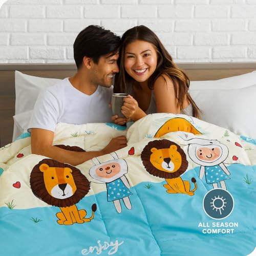 Image of 200 GSM 400 TC Kids Glace Cotton Reversible Cartoon Printed Double Bed King Size Comforter with Matching Bedsheet 90 * 100 with 2 Pillow Covers Set of 4 Pieces (Lion)