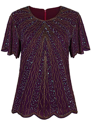 Vijiv Women's 1920s Vintage Beaded Evening Top Art Deco Scalloped Hem Sequin Embellished Blouse Tunic