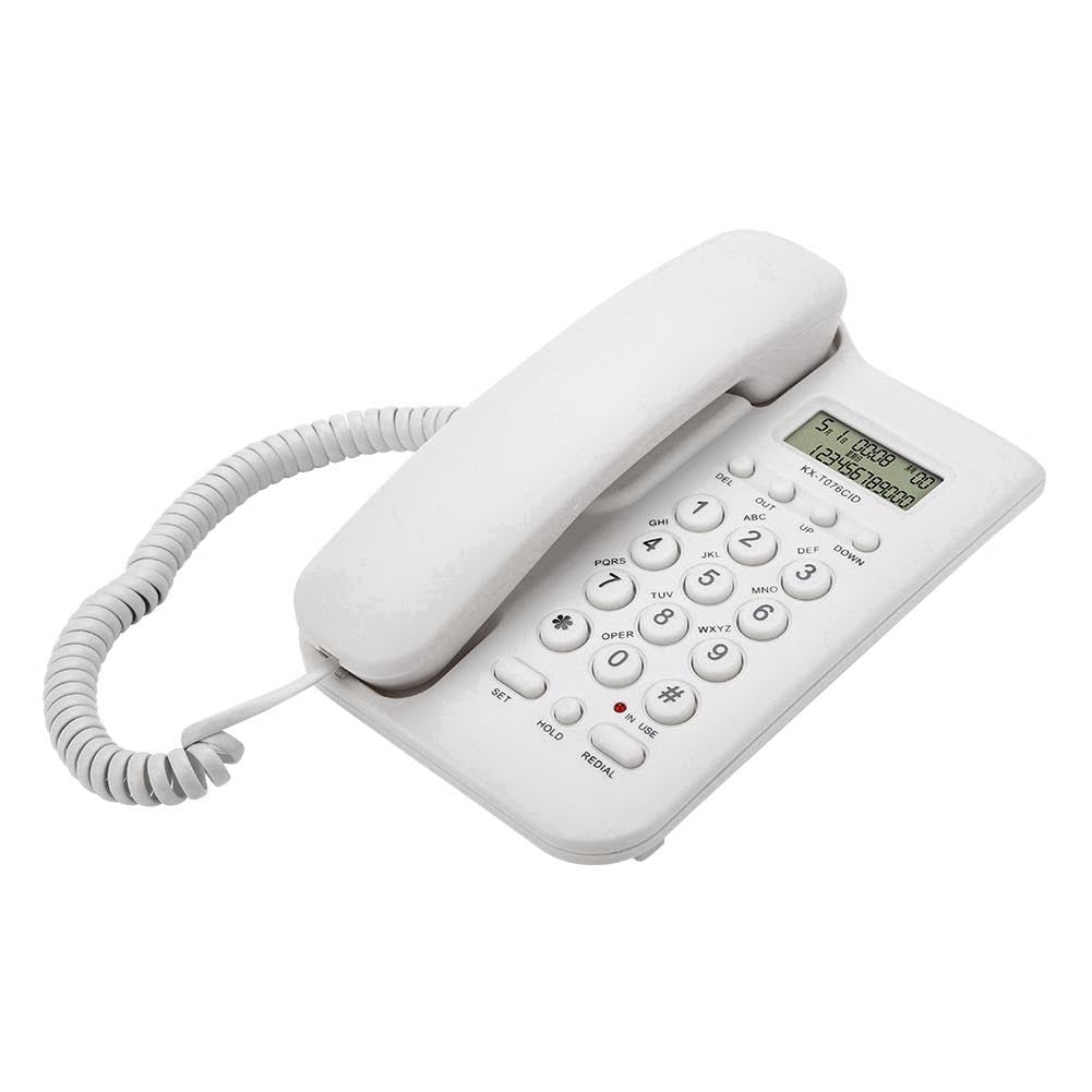 Teléfono con cable, cable con cable, teléfono fijo de escritorio, teléfono de pared con pantalla de llamadas, cable elástico para el hogar, oficina y hotel, (blanco)