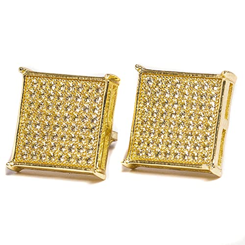 Large 14K Yellow Gold Plated 925 Sterling Silver Mens Canary Yellow 5A Cz Cubic Zirconia Hypoallergenic Big Square Flat Screen Iced Hip Hop Micro Pave Ice Out Stud 14mm Screw Back Earrings For Men