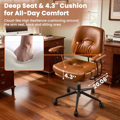 Image of Leather Home Office Chair, Mid Back Ergonomic Desk Chair with Lumbar Support, Mid Century Modern Deep Seat Swivel Rocking Computer Chair, Brown