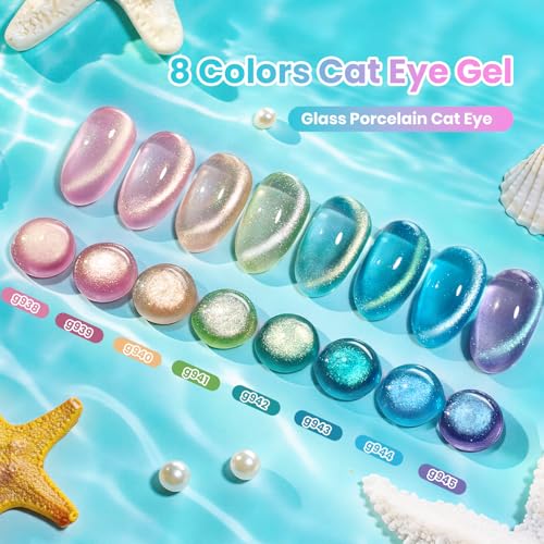 Image of Beetles Dream Coast Cat Eye Gel Nail Polish Set - 8 Colors Glitter Gel Nail Polish Kit Pink Yellow Green Blue Purple Magnetic Shine Soak Off UV Salon DIY Gift Manicure for Women