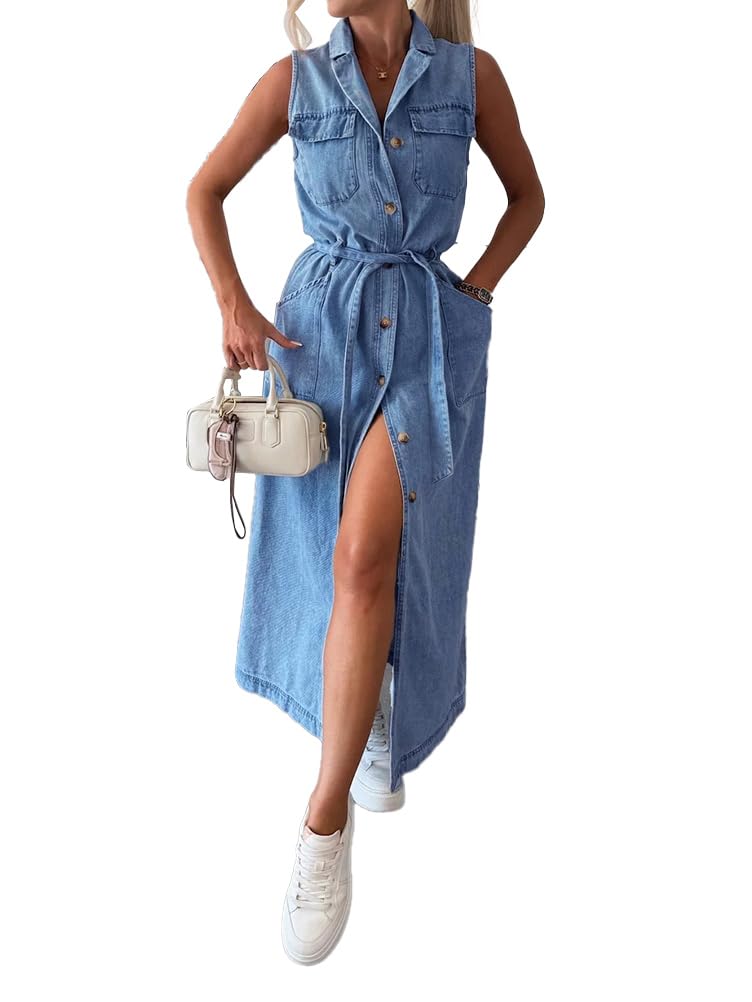 ORANDESIGNE Vestiti Jeans Donna Lunghi Estivi Vestito Jeans Lungo Senza Maniche Midi Abito Chemisier Denim Bottoni Davanti con Cintura