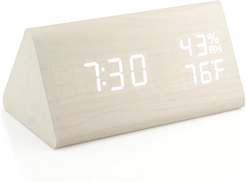 OCT17 Reloj despertador de madera, reloj despertador de madera, reloj digital LED inteligente para dormitorioescritorios, mejorado con temperatura