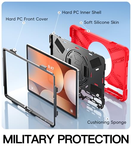 Image of BRAECN Case Galaxy Tab S10 Plus / S9 Plus / S9 FE+ / S8 Plus / S7 Plus / S7 FE | 12.4 inch Shockproof Heavy Duty Full Body Protective Cover with Hand Strap & Kickstand, Shoulder Strap, S Pen Holder Red