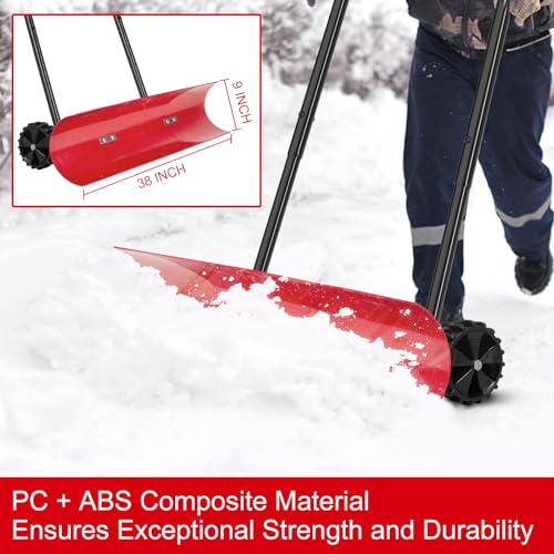 38 Inch Snow Shovel for Driveway, Brewin SnowPro Bi-Direction Heavy Duty Snow Pusher with Wheels and Angled Blade for Efficient Snow Removal, Back Saver Snow Plow for Doorway Sidewalk