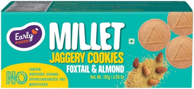 Early Foods - No Maida No White Sugar - Foxtail Millet & Almond Jaggery Cookies | Kids Snack | Sugar free Biscuits for Kids & Adults | Almond Biscuits | No Junk Lunch Box Snack 130g