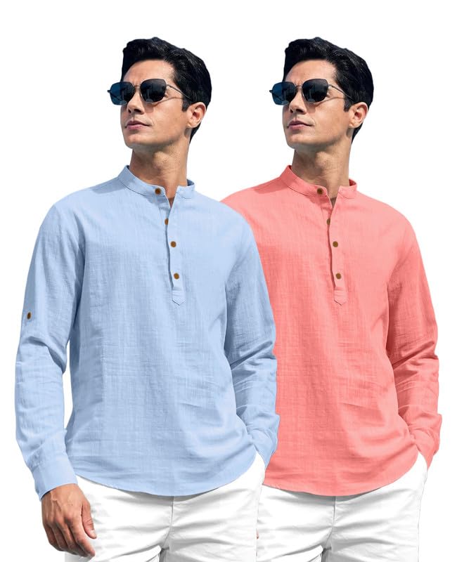Image of ROYALSCOUT Combo of Men's Solid Cotton Blend Full Sleeve Straight Kurta Shirt (Pack of 2)