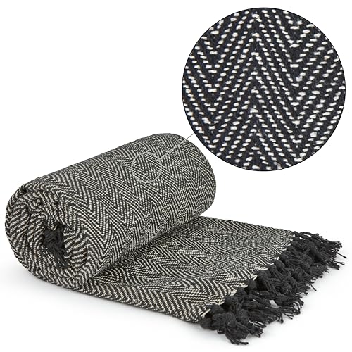 Emma Barclay Jeté de lit en Coton recyclé à Motif à Chevrons pour Fauteuil, canapé, lit, Noir – 127 x 152 cm