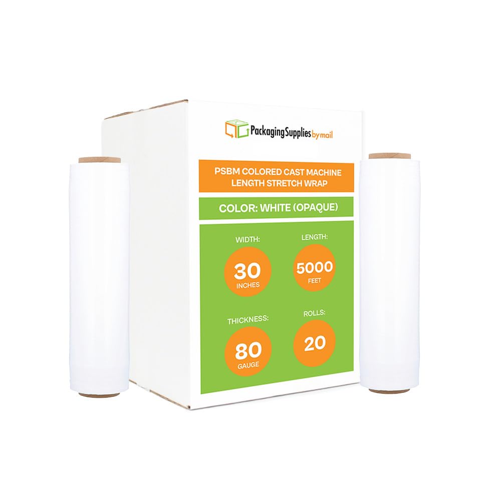 PSBM Lot de 20 rouleaux de film étirable blanc de calibre 80, 76,2 cm x 1524,4 m, pour machine, très résistant industriel, pour le déménagement, l'emballage, l'expédition, l'emballage de palettes et
