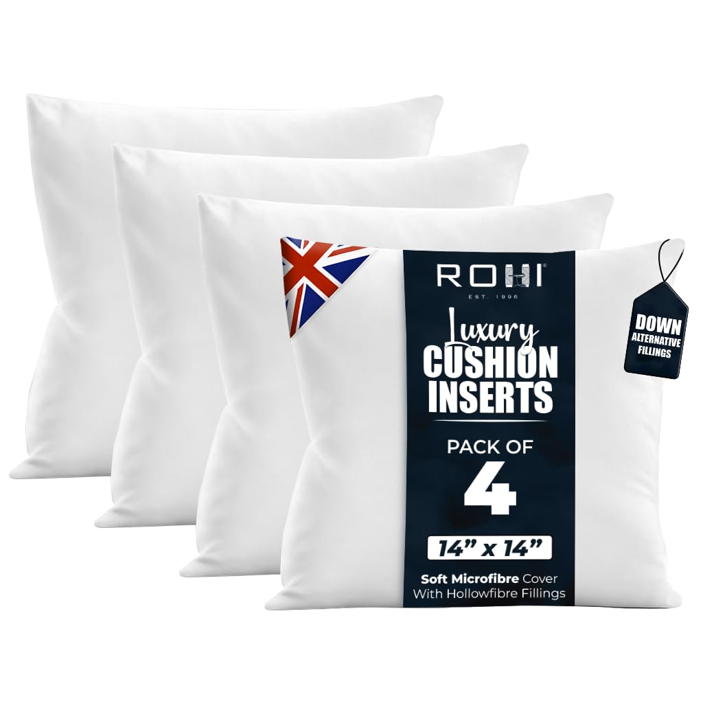 Rohi Pack of 4 Premium Microfibre Cushion Inserts 35cm x 35cm | 14x14 inch – Soft & Plump Down Alternative Filled Cushions Inner Pad – Breathable & Hypoallergenic Cushion Pads Set of 4 - White