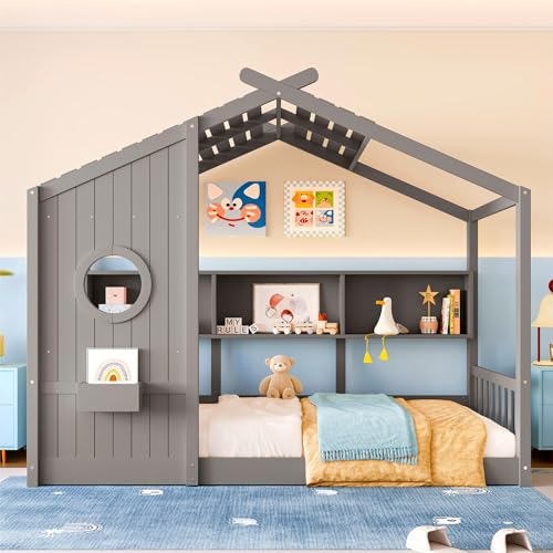 Image of Twin Size Floor House Bed with Roof and Window for Kids, Wooden Playhouse Bed with Storage Shelves for Bedroom Furniture Girls & Boys (Gray /L2, Twin)