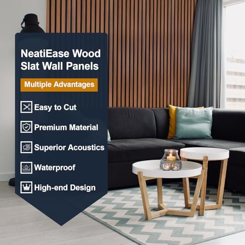 Image of NeatiEase Wood Panels for Wall, 4-Piece 96 inch x 12.6 inch Soundproof Wood Slat Wall Panel for Interior Wall Decor Noise Cancelling, Acoustic Wall Panels, Sound Absorbing Panel (Teak)