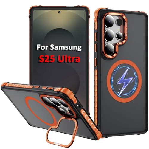 Coque Samsung S25 Ultra orange compatible MagSafe avec support béquille intégrée