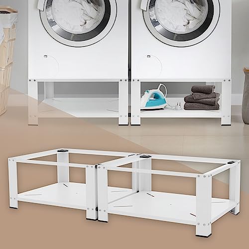 ML-Design Juego de 2x Pedestales para Lavadora o Secadora Blanco 128 x 54 x 32 cm de Acero, Capacidad hasta 150kg Soporte Alto Base Estable y Robusta Bastidor Universal con Balda de Almacenamiento
