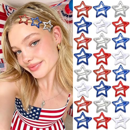 NAISKA 24PCS 4th of July Star Hair Clips 6 Styles Hair Barrettes Glitter Sequins Non Snap Clips for Girls Cute Pins Star Alligator Clip Patriotic Independence Day Hair Accessories for Women Girls