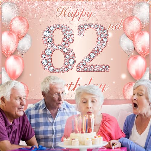 Image of Happy 82nd Birthday Rose Gold Banner Cheers to 82 Years Old Backdrop Confetti Balloons Theme Decor for Women 82 Years Old Pink Birthday Party Decorations Bday Supplies Background Favors Gift Glitter