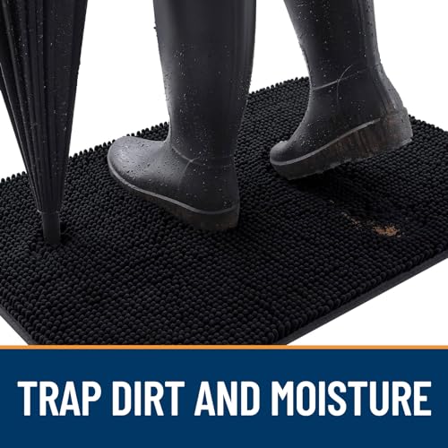 Image of OLANLY Dog Door Mat Set 2-Piece 30x20, Absorbs Moisture and Dirt, Absorbent Non-Slip Washable Doormat, Quick Dry Chenille Mud Mat for Dogs, Entry Indoor Entryway Carpet for Inside Floor, Black