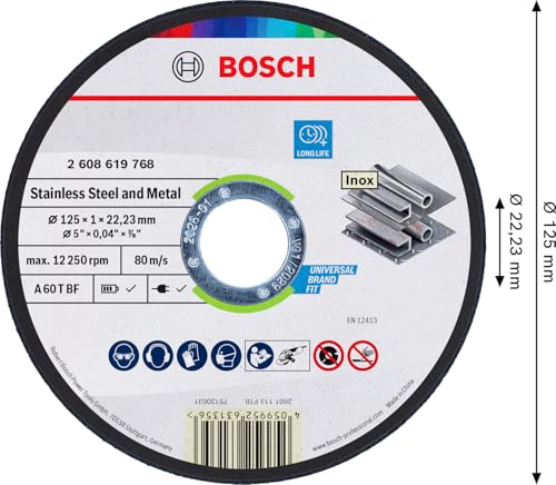 Bosch 1x Stainless Steel and Metal Trennscheibe Long Life, Bohrung 22,23 mm (für Edelstahl, Stahl, Ø 125 mm, Professional Zubehör Kleiner Winkelschleifer)