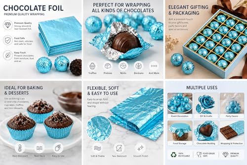 Image of Aluminum Foil Chocolate Wrappers - Candy Wrapping Sheets for DIY Chocolates, Sweets & Gifts | Food-Grade, Decorative & Easy-to-Use Foil Wraps (Light Firozi, Pack of 1 (250 Counts))