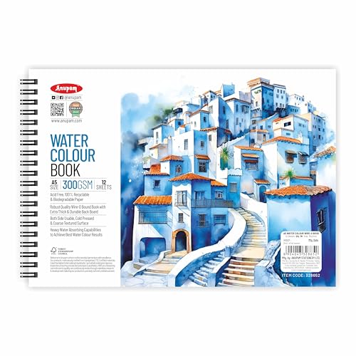 Image of Anupam Artists Watercolour Wire-O Book 300 GSM Cold Pressed A5, 24 Pages for Watercolour, Gouache, Ink, Acrylic, Wet & Mixed Media, Art Painting, Drawing for Artists & Amateurs {Random Cover page}