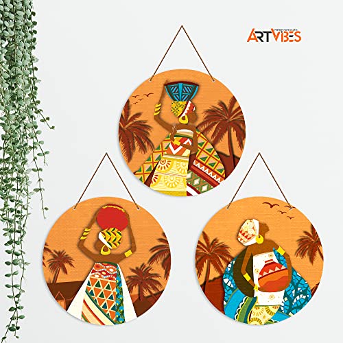 Image of Artvibes African Village Themed Warli Art Round Wooden Wall Hanger for Home Decor | Living Room | Handcrafted Art | Wall Illustrations | Art Prints | Aesthetic Wall Art | Gifts (WH 4201N), Set of 3