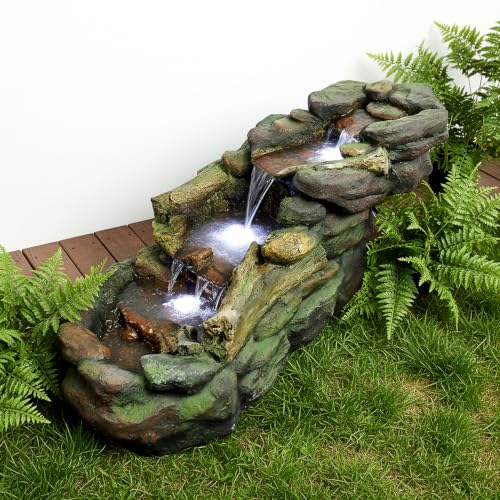 Image of SunJet Cascading Rock Outdoor Water Fountain with LED Lights - 39 inch Length Resin Stone Look Garden Waterfall Fountain, Freestanding Floor Fountain with UL Certified Pump for Patio Backyard Yard Decor