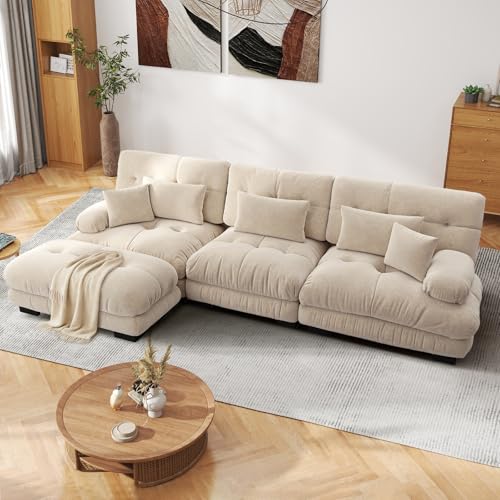 SoarFlash Canapé L modulable 3 Places Salon Moderne, canapé Nuage en Tissu Chenille avec accoudoirs, Taupe Clair, 145×313cm