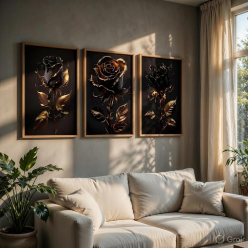 Image of Livin'luxe Black Gold Rose Wall Painting Set of 3 with Wooden Frames | Luxury Floral Artwork HD Sparkle Laminated MDF Wall Decor | Elegant Rose Wall Art for Living Room Bedroom Office