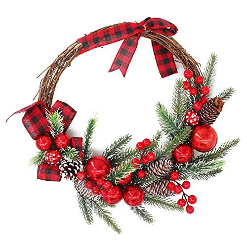 Unifree Corona de Navidad para puerta delantera, guirnalda de vid colgante, guirnalda de hoja perenne con lazo, piñón, bayas rojas, fiesta, regalo de invierno Cover