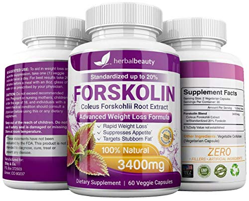 Forskolin 100% Pure Extra Strength 3400mg (60 Veggie Capsules) for Weight Loss. Natural Diet Pills Targets Stubborn Fat for Women & Men w/20% Standardized Coleus Forskohlii Root Extract