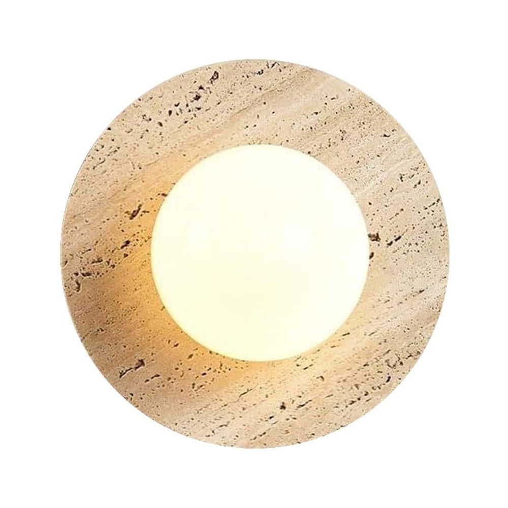HYJAUSXB Modern Nordic Minimalist Wall Sconce Light - Natural Travertine Stone & Frosted Glass Orb Design Round Hardwired Lamp for Bedroom, Living Room, Hallway, and Lighting