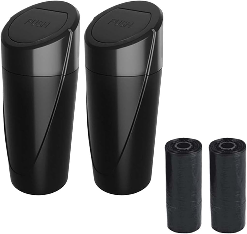 Car Trash Can Bin with Lid, Portable Leakproof Automotive Garbage Can Bin, Car Cup Holder Trash Can with 1 Roll Trash Bags, Mini Car Storage Interior Accessories for Car, Vehicle, Office, Home (2PCS)