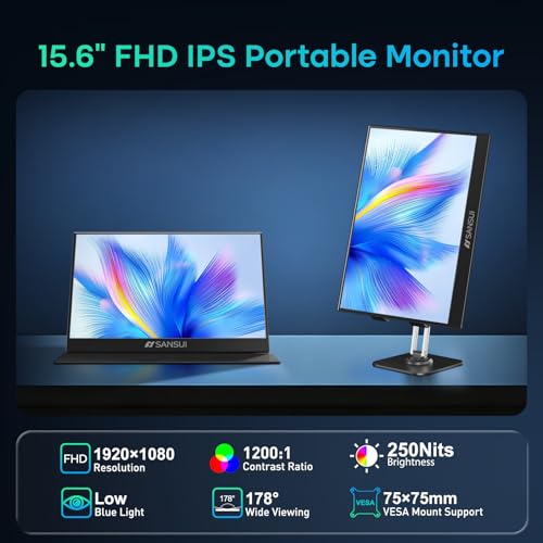 Image of SANSUI Portable Monitor 15.6 Inch FHD 1080P Travel Monitor for Laptop, USB C HDMI Ultra-Thin IPS Computer Display with Speakers & PU Leather Stand Cover, for PC Mac mini Phone Switch Gaming
