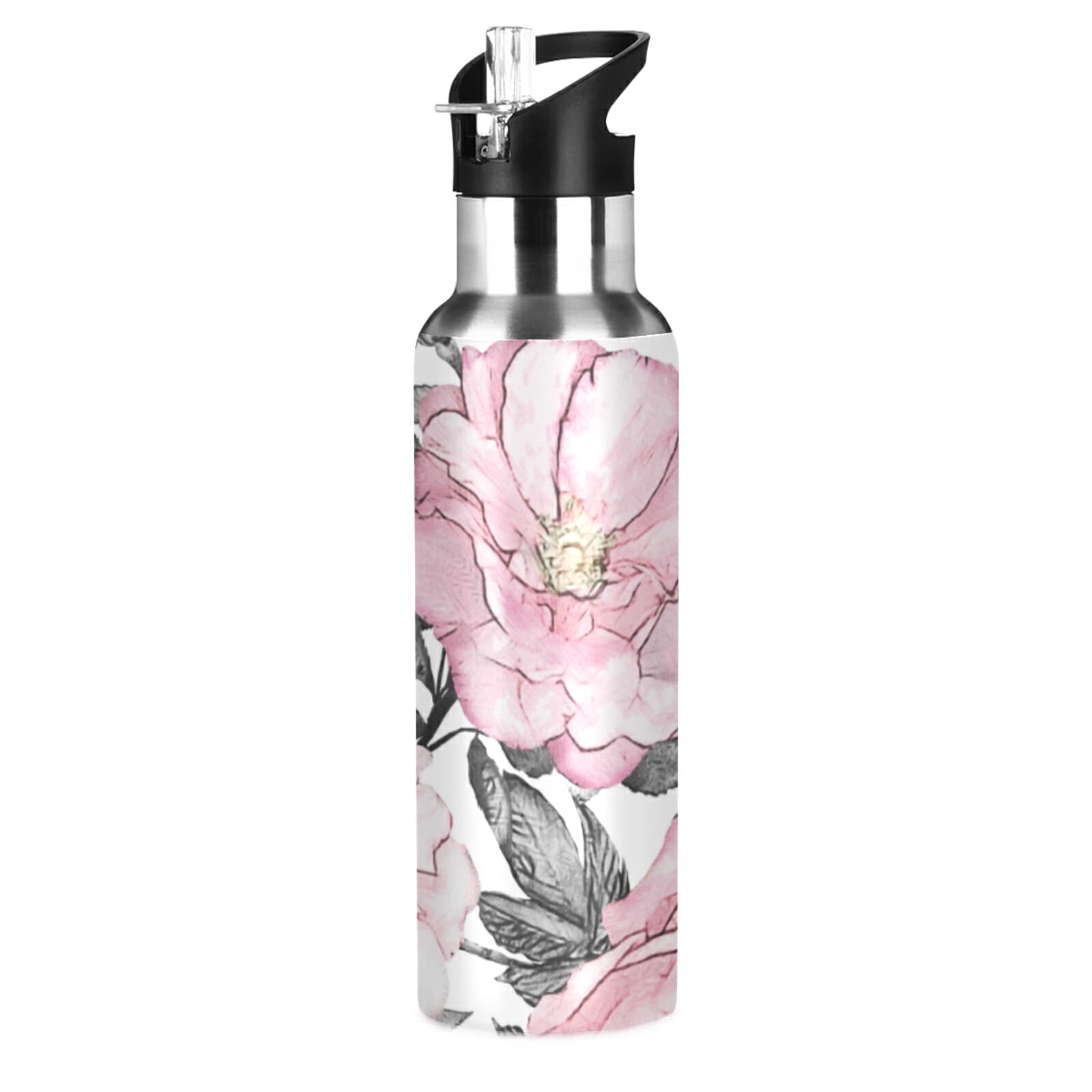 Gourde Isotherme 1L En Acier Inoxydable 304 - Motif Fraise Avec Paille Et Couvercle - Pour Filles Et Femmes - Garde Le Chaud/froid