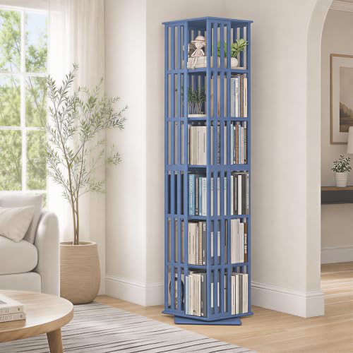 Image of Lauxery 6-Tier Bamboo Rotating Bookshelf Tower, Navy Blue, 74.8 in | 1200 lbs capacity, small footprint, 360 degree smooth rotation, dual shelf heights, easy assembly, for living room