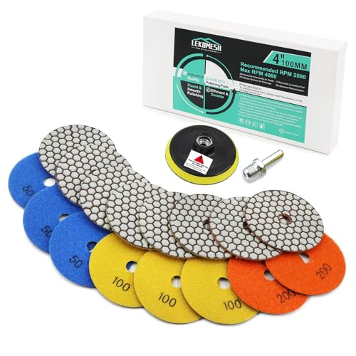 Diamante Almohadilla de Pulido en Seco   8 piezas 100MM (#50 * 3/100 * 2/200/400/800) + M14 Plato de Apoyo + Adaptador,para Granito Mármol Piedra Artificial Cuarzo LEKOMESH