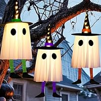 Set of 3 Halloween Hanging Ghosts String Lights Decorations Outdoor Wizard Hat Glowing Light Up Halloween Party Decor for Indoor Outside Yard Patio Garden Tree