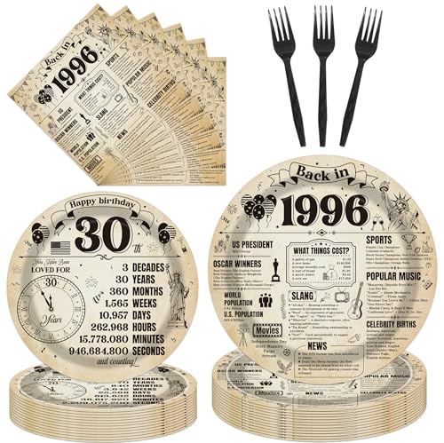Hokinaa 30th Birthday Party Decorations - 96 Pcs Vintage Newspaper Back in 1996 Paper Plates Napkins Forks Tableware Disposable Happy Cheers to 30 Year Old Decor Supplies for Men Women Serve 24 Guests