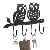 MyGift Wall Mounted Black Metal Key Rack Holder Organizer with 4 Hooks and Owl Design, Entryway Wall Hanging Storage Organizer for Keys, Laynard, Light Coat and Hat