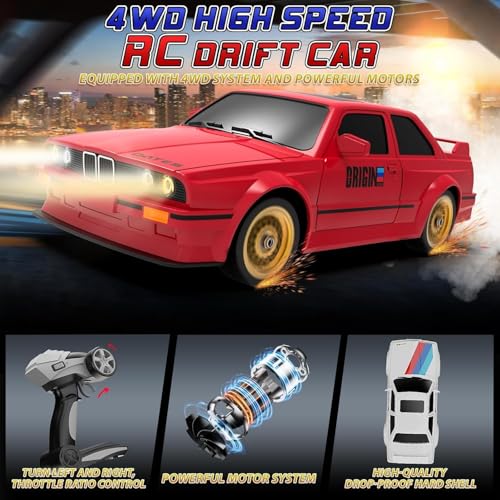 Image of Rc Drift Remote Control Car 1:24 Scale, High-Speed, 4Wd, Lights, Rechargeable Racing Car, Drifting Tires, 2.4Ghz, for Kids (B.M.W. RC Drift Car-Red)