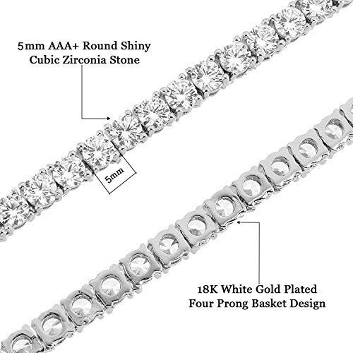 Tennis Necklace 18K White Gold Plated | 5.0Mm Round Cubic Zirconia Cut Faux Diamond Tennis Chain For Women And Men (18 Inch 5Mm Cz Tennis Chain) #TOP2