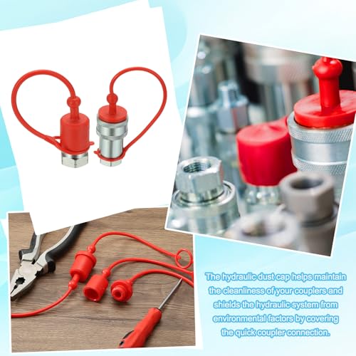 Image of PATIKIL 1 /4 inch ISO-B Hydraulic Coupler Male Dust Cap and Female Plug Cover, Set of 4 Rubber Quick Disconnects Port Plug Cover Fittings Red Cap with Retention Ring